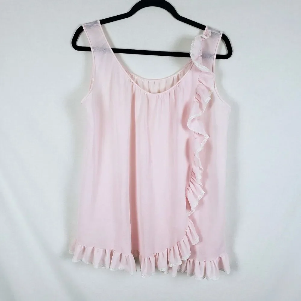 Vassarette Romantic Vintage Lingerie Ruffles Camisole Top Womens M Pink Longline